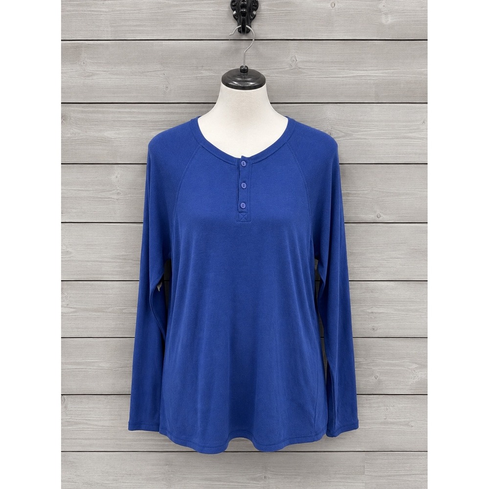 Lanz Henley Top Size Medium Blue Long Sleeve Casual Knit Loungewear
